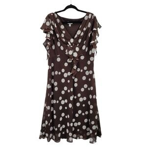Vtg 80s Brown Polka Dot Sheer Ruffle Midi Dress Plus Sz 16W Flutter Pretty Woman
